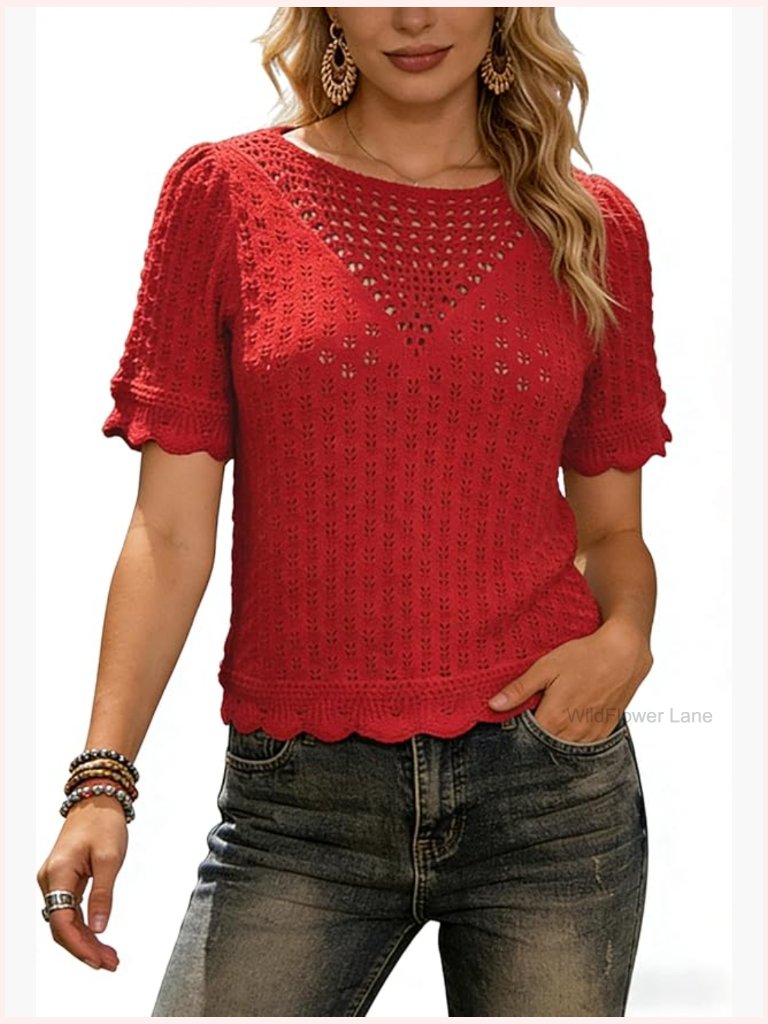 Lightweight Crochet Hollow Out Short Sleeve Pullover Sweater